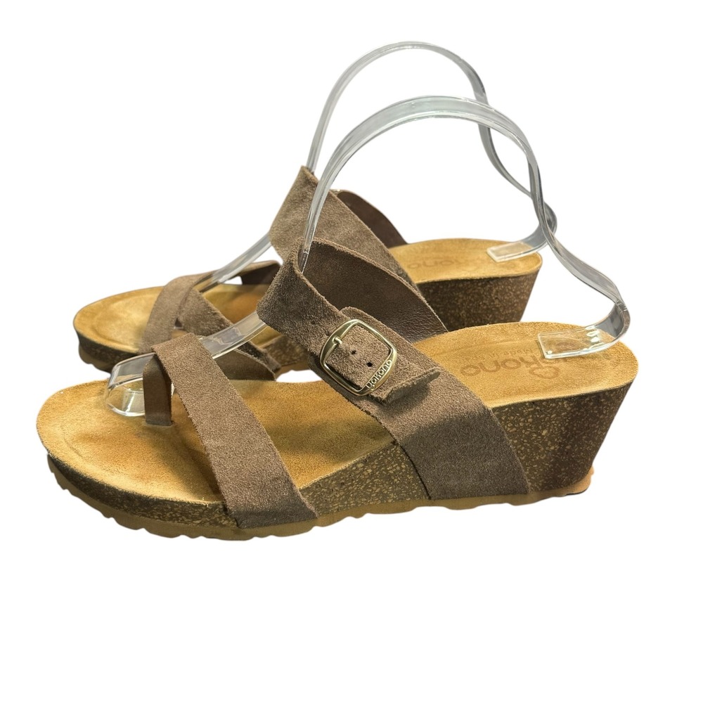 Yokono Spain Womens Taupe Suede Leather Wedge Sandals Toe Loop Buckle Slide Sz 9 - Picture 4 of 10